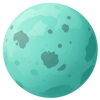 Illustration d’une planète turquoise avec des cratères sombres, dans un style cartoon.